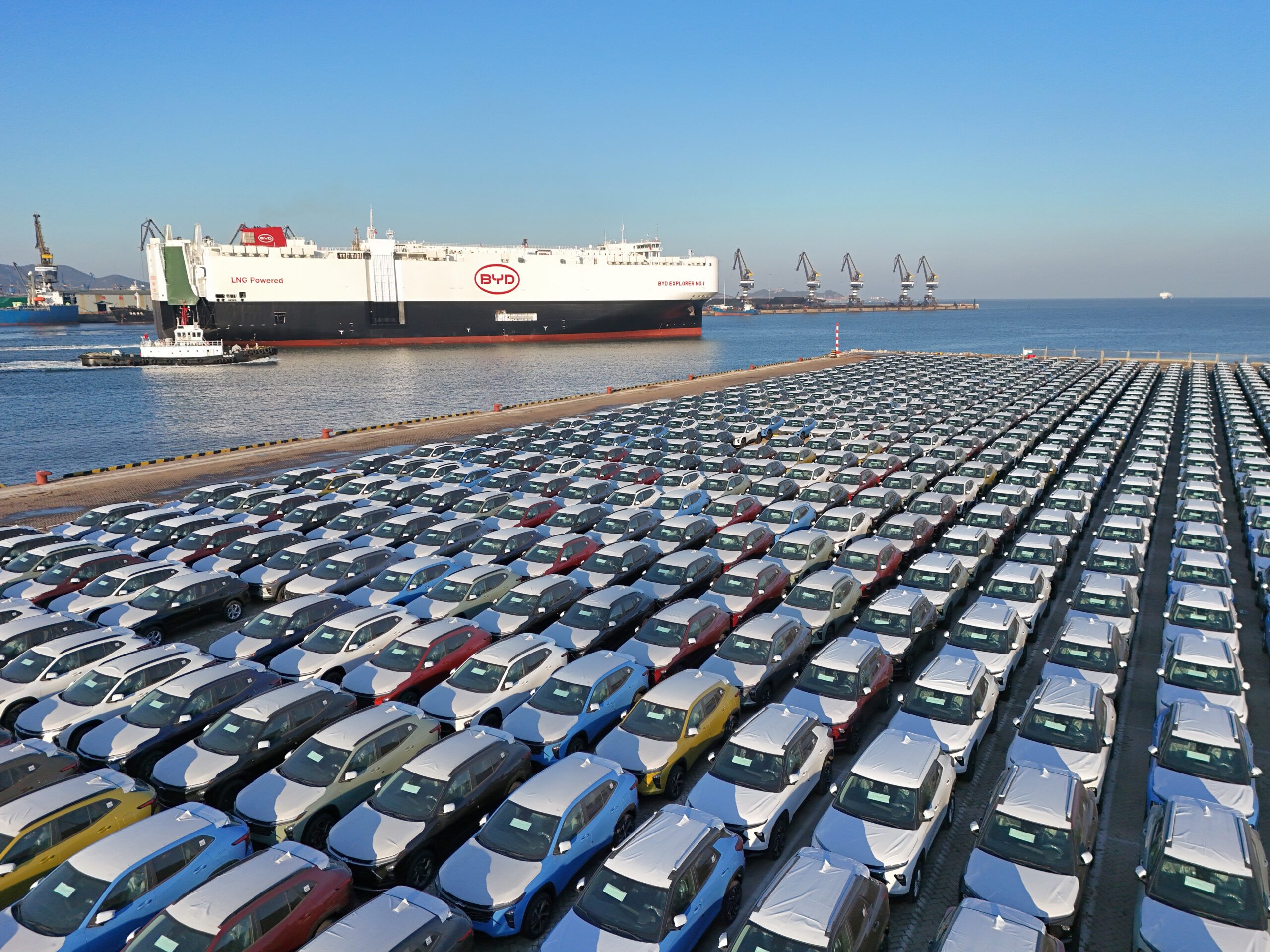 A BYD car carrier, loaded with electric vehicles, leaves Yantai Port in China, a challenge for foreign rivals